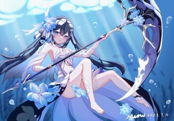 1girl artist_name bare_shoulders barefoot blue_eyes blue_hair breasts chest_tattoo chinese_commentary commentary_request dated dress feet fish flower hair_flower hair_ornament highres holding holding_scythe honkai_(series) honkai_impact_3rd long_hair looking_at_viewer meow_maolai multicolored_hair scythe seele_vollerei seele_vollerei_(herrscher_of_rebirth) small_breasts solo tattoo toes two-tone_hair underwater very_long_hair white_dress