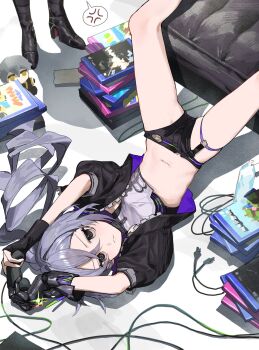 2girls anger_vein boots cable controller couch cover cropped_jacket drill_hair fingerless_gloves game_controller gloves grey_eyes grey_hair high_heel_boots high_heels highres honkai:_star_rail honkai_(series) infinity_gauntlet kafka_(honkai:_star_rail) legs long_hair midriff minecraft multiple_girls navel playing_games playing_video_games shirt short_shorts shorts silver_wolf_(honkai:_star_rail) silver_wolf_(lv.999)_(honkai:_star_rail) spoken_anger_vein stuffed_toy tanururi thigh_strap trailblazer_(honkai:_star_rail) upside-down video_game_cover white_shirt