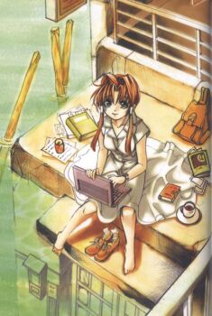 00s 1girl amano_kozue aria_(manga) bag barefoot book breasts casual computer computer_keyboard cup diary disposable_cup dress exif_thumbnail_surprise feet female_focus from_above hair_intakes hair_tubes laptop large_breasts legs long_hair looking_at_viewer looking_up mizunashi_akari official_art paper plate railing red_hair saucer shoes short_hair_with_long_locks sideboob sitting socks solo toes unworn_shoes unworn_socks water white_dress