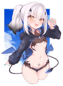 1girl blush body_markings breasts choker cowboy_shot cropped_hoodie cropped_legs earrings fate/grand_order fate_(series) gem green_nails hair_ornament hairclip halterneck highres hood hoodie jewelry long_sleeves looking_at_viewer melusine_(fate) melusine_(swimsuit_ruler)_(fate) melusine_(swimsuit_ruler)_(first_ascension)_(fate) nail_polish navel ponytail print_sleeves red_gemstone revision rikumaru short_hair sidelocks simple_background single_earring small_breasts solo stomach_tattoo tail tattoo teeth upper_teeth_only white_background white_hair wings yellow_eyes