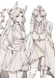 2girls absurdres animal_ears chihe874 chinese_clothes flower fox_ears gen hair_ornament highres long_hair multiple_girls sidelocks sketch sky:_children_of_the_light smile snoozing_carpenter spinning_mentor standing tassel tassel_hair_ornament white_hair