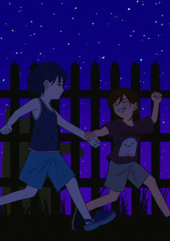 Rule 34 | 2boys, aged down, antenna hair, black eyes, black hair, black tank top, blue shorts, closed mouth, commentary request, dark-skinned male, dark skin, double-parted bangs, fence, grey shorts, hair behind ear, highres, holding another's wrist, jash (omori), kel (faraway) (omori), kel (omori), looking at another, male focus, missing tooth, msdnno kabe, multiple boys, night, omori, open mouth, outdoors, picket fence, shirt, shorts, sky, smile, star (sky), starry sky, sunny (omori), t-shirt, tank top, teeth, wooden fence