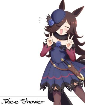 1girl animal_ears blue_flower blue_hat blue_rose blush brown_hair commentary_request dagger dress fascinator flipped_hair flower hair_over_one_eye hat hat_flower horse_ears horse_girl horse_tail kimukimu knife long_hair looking_at_viewer off-shoulder_dress off_shoulder open_mouth purple_eyes rice_shower_(rosy_dreams)_(umamusume) rice_shower_(umamusume) rose smile solo tail tilted_headwear umamusume weapon