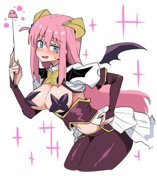 1girl alternate_costume bat_wings bending blue_eyes blush bocchi_the_rock! breastless_clothes breasts corset cosplay cowboy_shot cross cross-shaped_pupils cross_pasties forward-facing_horns from_side gotoh_hitori gotoh_hitori_(octopus) hair_between_eyes hand_on_own_hip highres horns large_breasts leaning_forward long_hair long_sidelocks looking_at_viewer lowleg lowleg_pants magia_baiser magia_baiser_(cosplay) magical_girl mahou_shoujo_ni_akogarete navel open_mouth pants pasties pink_hair purple_corset revealing_clothes riding_crop showgirl_skirt sideboob sidelocks simple_background sparkle symbol-shaped_pupils toriyarou very_long_hair wings yellow_horns