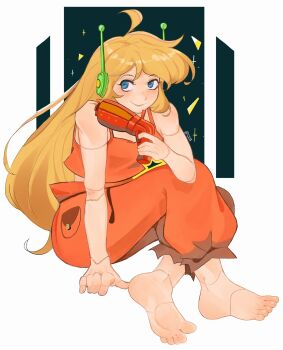 1girl ahoge android artist_name baggy_pants bare_shoulders barefoot blonde_hair blue_eyes blush closed_mouth crossed_ankles curly_brace cyadraws doukutsu_monogatari eyelashes feet foot_focus full_body gun hand_up handgun highres holding holding_gun holding_weapon joints long_hair on_ground orange_pants orange_tank_top pants robot_ears robot_joints sitting smile soles solo tank_top toenails toes twitter_username very_long_hair weapon