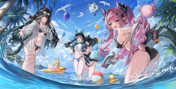 5girls :d absurdres ahoge alternate_costume animal animal_ear_fluff arknights arknights:_endfield ass ball balloon beachball behind_another bikini bird black_bikini black_hair black_horns black_one-piece_swimsuit black_tail blonde_hair blue_bikini blue_eyes blue_sky blush breasts chen_qianyu_(arknights) cleavage closed_mouth cloud commentary cost_(kftf4582) crop_top cropped_shirt day dragon_bean_(arknights) english_commentary eyepatch eyewear_on_head green_eyes green_hair grey_tail hair_intakes hands_on_another's_stomach highres holding holding_water_gun horns jacket light_smile long_hair long_sleeves looking_at_viewer medium_breasts multicolored_hair multiple_girls navel ocean one-piece_swimsuit one_eye_covered open_clothes open_jacket open_mouth outdoors outstretched_arm outstretched_hand palm_tree pink_hair pink_horns pink_jacket plant pointy_ears red_hair red_horns rossi_(arknights) rubber_duck scared see-through_clothes see-through_jacket short_hair sky smile splashing standing streaked_hair swimsuit tail tail_raised tangtang_(arknights) tree visor_cap wading water water_gun white_bikini white_bird white_jacket yvonne_(arknights) zhuang_fangyi_(arknights)