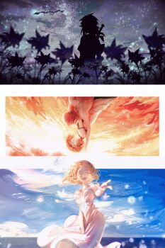 1boy 1girl armlet bare_shoulders blonde_hair breasts circle closed_eyes couple dated dragon dress falling field flower flower_field hair_tie hetero highres jewelry light_dragon_(zelda) link long_dress low_ponytail medium_breasts medium_hair nintendo open_mouth outstretched_hand parted_bangs pointy_ears ponytail princess_zelda short_hair signature smile sword sword_on_back the_legend_of_zelda the_legend_of_zelda:_tears_of_the_kingdom tica_tiforzelda topless_male weapon weapon_on_back white_dress