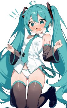 ! !! 1girl absurdres ahoge arm_tattoo armpit_crease bare_shoulders belt black_boots black_sleeves blush boots bow bow_panties breasts coco_irasuto collared_shirt curled_fingers detached_sleeves double-parted_bangs embarrassed eyelashes facing_viewer full_body furrowed_brow gluteal_fold green_bow green_eyes green_hair green_necktie hair_between_eyes hair_ornament hatsune_miku highres kneeling knees_together_feet_apart long_hair looking_down loose_belt necktie no_pants number_tattoo open_mouth panties shirt simple_background sleeveless sleeveless_shirt small_breasts solo tattoo tearing_up tears thigh_boots tie_clip twintails underwear vocaloid w_arms white_background white_panties white_shirt