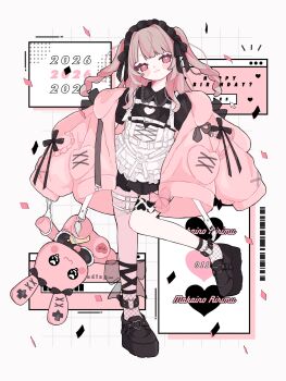 1girl animal_hood ankle_lace-up ankle_ribbon ankle_socks ankle_strap apron asymmetrical_legwear belt black_dress black_headdress black_ribbon black_shoes blush_stickers bow chain character_name chest_harness cleavage_cutout closed_mouth clothing_cutout collared_dress colored_inner_hair commentary confetti corset cross-laced_clothes cross-laced_corset cuffs debitto_(makaino_ririmu) dress drill_hair fang fishnet_socks fishnets flat_chest frilled_jacket frilled_shirt_collar frills full_body grey_hair grid_background hair_intakes hair_over_shoulder handcuffs happy_birthday harness heart heart_cutout heart_o-ring highres hood hood_down hooded_jacket jacket leg_ribbon leg_tattoo long_hair looking_at_viewer loose_belt maid maid_headdress makaino_ririmu makaino_ririmu_(5th_costume) multicolored_hair multiple_belts multiple_thigh_straps nijisanji o-ring o-ring_belt o-ring_harness o-ring_thigh_strap off_shoulder open_clothes open_jacket pink_bow pink_hair pink_jacket pink_streaks pink_theme platform_shoes pocket pointy_ears qyupuu rabbit_hood red_eyes ribbon shoes short_dress sidelocks skin_fang sleeves_past_fingers sleeves_past_wrists socks solo standing standing_on_one_leg streaked_hair stuffed_animal stuffed_rabbit stuffed_toy symbol-only_commentary tattoo thigh_strap two-tone_hair two_side_up uneven_legwear virtual_youtuber waist_apron white_apron white_background white_belt white_corset window_(computing) winged_heart winged_heart_tattoo