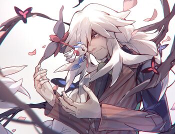 1boy az_(pokemon) black_shirt bow bowtie commentary_request crying eye_contact floating_hair floette floette_(eternal) gen_6_pokemon green_bow green_bowtie highres long_hair looking_at_another male_focus nintendo pinstripe_pattern pinstripe_vest pokemon pokemon_(creature) pokemon_legends:_z-a shirt sidelocks smile solo very_long_hair vest vincapuca white_background wrinkled_skin