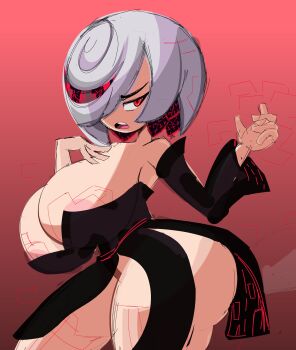 1girl alternate_breast_size_(larger) areola_slip ass_peek black_dress breasts detached_sleeves dress glitch hair_over_one_eye hand_on_own_chest hand_up huge_breasts multicolored_hair open_mouth oppai_loli red_background red_eyes red_hair sage_(sonic) short_hair sketch solo sonic_(series) sonic_frontiers streaked_hair teeth thick_thighs thighs upper_teeth_only white_hair yelladrill