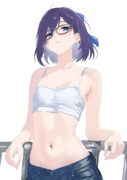 Rule 34 | 1girl, a-chan (hololive), absurdres, black-framed eyewear, blue eyes, breasts, camisole, closed mouth, cohi27151463, crop top, denim, glasses, hair ribbon, highres, hololive, navel, purple hair, railing, ribbon, short hair, simple background, small breasts, solo, stomach, virtual youtuber, white background, white camisole