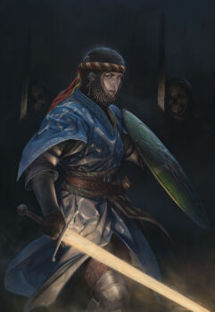 1girl armor bandana belt chainmail coif dark glowing glowing_sword glowing_weapon greaves highres original robe scabbard sheath shield skeleton stepan_alekseev surcoat sword undead vambraces weapon