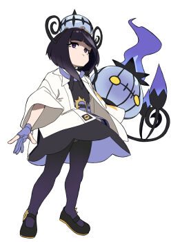 1girl belt belt_buckle black_dress black_hair black_pantyhose black_shoes bob_cut buckle chandelure closed_mouth coat commentary_request dress eyelashes fu-ta full_body gen_5_pokemon gloves gradient_pantyhose gwynn_(pokemon) hat long_sleeves looking_at_viewer nintendo o-ring o-ring_belt open_clothes open_coat pantyhose partially_fingerless_gloves pokemon pokemon_(creature) pokemon_legends:_z-a purple_eyes purple_pantyhose shoes short_hair white_background white_coat wide_sleeves