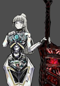 1girl absurdres albina_(project_moon) android black_eyes breasts cable_hair catnip_scent closed_mouth commentary cowboy_shot english_text flesh greatsword grey_background grey_hair heart heterochromia high_ponytail highres holding holding_sword holding_weapon large_breasts limbus_company long_hair looking_at_viewer ponytail project_moon pussy revealing_layer robot_girl seams simple_background solo sword symbol-only_commentary transparent uncensored uterus weapon white_eyes white_hair