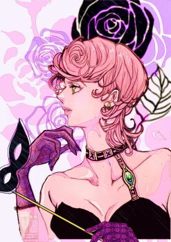 1girl 667dh bare_shoulders breasts choker cleavage collarbone commentary commentary_request curly_hair earrings floral_background from_side gloves green_eyes highres holding jewelry jojo_no_kimyou_na_bouken mask pink_hair purple_gloves short_hair solo trish_una upper_body vento_aureo