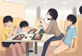 1girl 3boys after_ejaculation after_handjob age_difference akiyama_minato_(pepper0) akiyama_toru_(pepper0) akiyama_yuko_(pepper0) akiyama_yuto_(pepper0) black_hair black_panties black_shorts blue_eyes blue_shirt blue_skirt bottomless breasts brown_shirt closed_eyes commentary couch english_commentary family food gokkun grey_shirt hand_under_clothes hand_under_shorts handjob incest indoors large_breasts looking_at_viewer lying mature_female mcdonald&#039;s mother_and_son multiple_boys original panties penis pepper0 public_indecency shirt shorts shota skirt underwear