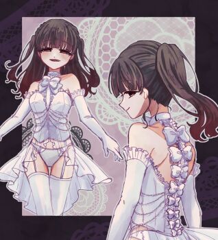 Rule 34 | 1girl, alternate hairstyle, baio rin, bare shoulders, black hair, bow, bowtie, breasts, brown hair, commentary request, elbow gloves, frills, garter straps, gloves, gluteal fold, gradient hair, half-closed eyes, highres, kimi no koto ga dai dai dai dai daisuki na 100-nin no kanojo, long hair, looking at viewer, multicolored hair, multiple views, oknomyk, open mouth, outline, panties, ponytail, red eyes, sharp teeth, small breasts, smile, teeth, thigh gap, thighhighs, two side up, underwear, white bow, white bowtie, white garter straps, white gloves, white outline, white panties, white thighhighs