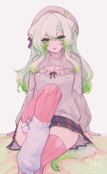 1girl absurdres animal_ears beret braid breasts cleavage cleavage_cutout clothing_cutout ferret_ears ferret_girl ferret_tail food fruit gradient_hair gradient_tail green_eyes green_hair green_tail hair_between_eyes hashtag-only_commentary hat highres kokomi_(aniesuakkaman) laimu_(vtuber) laimu_(winter)_(vtuber) lime_(fruit) lime_slice long_hair medium_breasts miniskirt multicolored_hair multicolored_tail on_bed plaid_clothes plaid_skirt ribbon signature sitting skindentation skirt smug socks sweater tail thigh_focus thighhighs thighs tongue tongue_out turtleneck turtleneck_sweater two-tone_hair two-tone_tail vinesauce virtual_youtuber white_hair white_tail zettai_ryouiki
