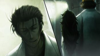 1girl 2boys aged_up baseball_bat baseball_cap black_hair brown_hair closed_eyes facial_hair game_cg green_hair hashida_itaru hat highres hiyajou_maho huke indoors lab_coat lamp long_hair looking_at_another medium_hair messy_hair multiple_boys non-web_source official_art okabe_rintarou open_mouth science_adventure short_hair split_screen spoilers standing steins;gate steins;gate_0 stubble teeth umbrella very_long_hair