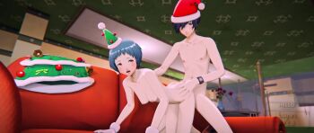 1boy 1girl animated blue_hair bunnxarts christmas_dress completely_nude couch couple doggystyle hat nude persona persona_3 persona_3_reload santa_hat sex sex_from_behind tagme video yamagishi_fuuka yuuki_makoto_(persona_3)