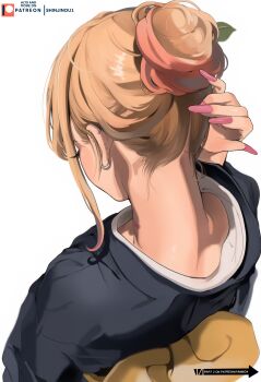 1girl absurdres alternate_costume alternate_hairstyle black_kimono blonde_hair ear_piercing earrings fingernails from_behind hair_bun highres japanese_clothes jewelry kimono kitagawa_marin lady_shin long_fingernails nape piercing pink_nails sash solo sono_bisque_doll_wa_koi_wo_suru yellow_sash