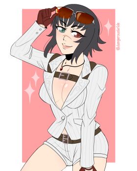 1girl adjusting_eyewear artist_name black_hair breasts cleavage dangerousbride devil_may_cry devil_may_cry_(series) devil_may_cry_4 eyewear_on_head gloves green_eyes hand_on_eyewear heterochromia highres jacket jewelry lady_(devil_may_cry) midriff_peek necklace no_bra pink_background red_eyes red_gloves scar scar_on_face scar_on_nose shorts smile tinted_eyewear white_jacket