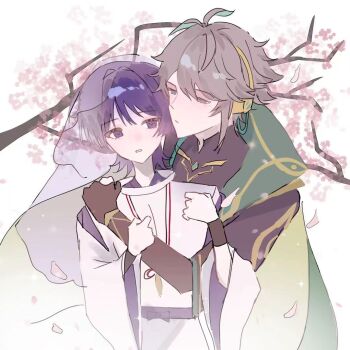 2boys age_difference alhaitham_(genshin_impact) antenna_hair artist_request blush cherry_blossoms chinese_commentary collared_jacket commission falling_petals genshin_impact green_eyes grey_hair hair_between_eyes head_tilt headpiece height_difference hug hug_from_side incoming_kiss jacket japanese_clothes jewelry leaning_to_the_side long_sleeves looking_to_the_side multicolored_hair multiple_boys necklace official_alternate_costume open_mouth outdoors petals pink_petals puffy_sleeves purple_eyes scaramouche_(genshin_impact) scaramouche_(kabukimono)_(genshin_impact) second-party_source see-through_clothes see-through_veil short_hair single_arm_hug tree veil white_background wide_sleeves yaoi
