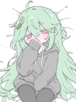 1girl ahoge between_legs black_pantyhose blush_stickers colored_eyelashes commentary_request covered_mouth covering_own_mouth cowboy_shot drawstring food-themed_hair_ornament green_hair grey_hoodie hair_between_eyes hair_ornament hand_between_legs hand_over_own_mouth highres hood hoodie izumi_(yura_izumi) lime_hair_ornament long_hair long_sleeves lying on_back on_bed original pantyhose red_eyes sidelocks sleeves_past_wrists solo very_long_hair