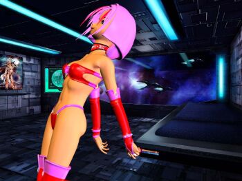 3d abs ass bikini bikini_bottom_only bikini_top_only black_background blue_background boots bra breasts choker collar dark_skin gloves grey_eyes jewelry latex leaning_back medium_hair monitor panties pink_bikini pink_bra pink_footwear pink_gloves pink_hair pink_panties pink_sleeves red_bikini red_bra red_choker red_collar red_footwear red_gloves red_panties red_sleeves ring screen small_breasts space spacecraft spaceship swimsuit tan thighs underwear white_eyes