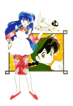 Rule 34 | bird, china dress, chinese clothes, double bun, dress, duck, dumpling, food, full body, green eyes, hair bun, highres, lipstick, makeup, mousse (ranma 1/2), official art, open mouth, p-chan (ranma 1/2), pig, ranma 1/2, red footwear, saotome ranma, saotome ranma (male), shampoo (ranma 1/2), standing, takahashi rumiko