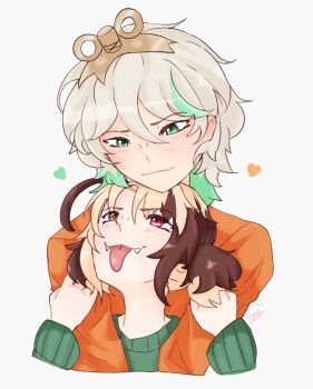 Rule 34 | 2girls, ahoge, blonde hair, blush, brown hair, cecilia immergreen, coat, colored inner hair, gigi murin, green coat, green eyes, green hair, green streaks, grey hair, holojustice, hololive, hololive english, multicolored hair, multiple girls, orange shirt, rexarts, shirt, short hair, smile, streaked hair, tongue, tongue out, twintails, two-tone hair, virtual youtuber, winding key, yuri