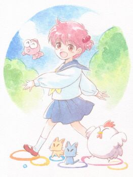 1girl ^_^ agahari animal bird blue_cat blue_sailor_collar blue_skirt blue_sky cat chicken closed_eyes commentary_request fish flying_fish from_side full_body gyopi hair_bobbles hair_ornament highres kingyo_chuuihou! looking_at_viewer looking_to_the_side mary_janes neckerchief one_side_up open_mouth outdoors pink_hair puffy_sleeves red_eyes red_shoes sailor_collar school_uniform serafuku shirt shoes short_hair skirt sky smile socks tree walking wapiko white_shirt white_socks yellow_cat yellow_neckerchief