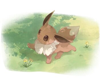 :3 animal_focus brown_eyes brown_fur closed_mouth conoka_20 eevee flower full_body gen_1_pokemon grass highres nintendo no_humans pokemon pokemon_(creature) pokemon_focus smile solo tail