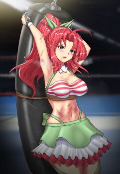 1girl absurdres breasts bruise bruise_on_arm bruise_on_stomach hair_ribbon highres injury kojima_satomi non-web_source ponytail punching_bag red_hair ribbon ryona tears wrestle_angels wrestling_ring