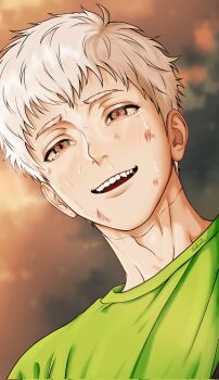 Rule 34 | 1boy, bruise, bruise on face, commentary, english commentary, from below, green shirt, highres, hikaru ga shinda natsu, ibispaint (medium), indou hikaru, injury, jiahandy, light blush, looking at viewer, male focus, open mouth, orange sky, red pupils, scar, scar on neck, shirt, short eyebrows, short hair, signature, sky, snot, solo, sweat, tears, teeth, twitter username, upper teeth only, white hair