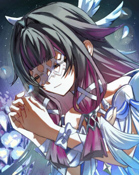 1girl bare_shoulders black_hair blunt_bangs blunt_tresses closed_eyes closed_mouth columbina_(genshin_impact) commentary genshin_impact hair_ribbon hands_up light_smile long_hair multicolored_hair purple_hair ribbon rishaku_(user_cuwx8758) solo streaked_hair two-tone_hair upper_body white_ribbon