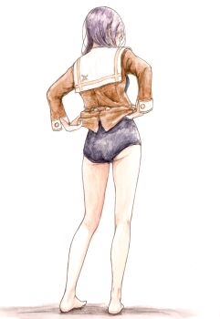 1girl absurdres ass barefoot bbmasa blue_buruma brown_serafuku brown_shirt buruma clothes_lift commentary_request from_behind full_body hibike!_euphonium highres kitauji_high_school_uniform legs lifting_own_clothes liz_to_aoi_tori long_hair long_sleeves purple_hair sailor_collar school_uniform serafuku shirt shirt_lift solo standing traditional_media white_sailor_collar winter_uniform yoroizuka_mizore