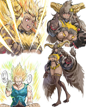 Rule 34 | 1boy, 1girl, absurdres, animal feet, animal hands, arm up, aura, blonde hair, blush, body fur, bodysuit, breasts, brown fur, brown hair, chest harness, clenched hand, closed mouth, commentary request, cropped jacket, crossover, dark-skinned female, dark skin, dragon ball, dragonball z, expressionless, fangs, full body, gloves, green eyes, grin, hair ornament, harness, highres, horns, large horns, leg fur, long hair, long sleeves, looking ahead, looking at another, looking at viewer, monster girl, monster hunter (series), multiple views, muscular, muscular male, open mouth, outstretched arm, personification, pointy ears, puffy long sleeves, puffy sleeves, rajang, red eyes, revealing clothes, short shorts, shorts, skindentation, slit pupils, smile, spiked hair, super saiyan, tail, thigh strap, thumbs up, toned, toned female, torn clothes, trait connection, umitsuki, upper body, v-shaped eyebrows, vegeta, veins, veiny face, very long hair, white gloves