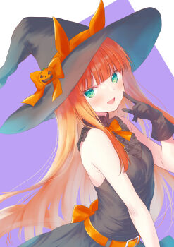 1girl absurdres animal_ears bare_shoulders belt black_dress black_gloves blunt_bangs blush bow dress ear_bow ear_covers ears_through_headwear gloves green_eyes hair_ornament hat hat_with_ears highres hime_cut horse_ears horse_girl horse_tail long_hair looking_at_viewer open_mouth orange_belt orange_bow orange_hair orange_tail sasaminiku_(chickenbstrips) shirt silence_suzuka_(umamusume) skirt sleeveless sleeveless_dress smile solo tail umamusume witch_hat