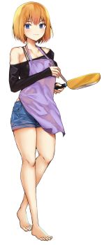 Rule 34 | 1girl, apron, bare legs, bare shoulders, barefoot, black shirt, blue eyes, breasts, chopsticks, closed mouth, collarbone, commentary request, cooking, denim, denim shorts, frying pan, full body, hair between eyes, heel up, highres, holding, holding chopsticks, holding frying pan, large breasts, light blush, long sleeves, looking at viewer, medium hair, off-shoulder shirt, off shoulder, orange hair, purple apron, shirt, shorts, simple background, smile, solo, standing, tachi-e, vegetable garden of twins, white background, yumeno tanuki