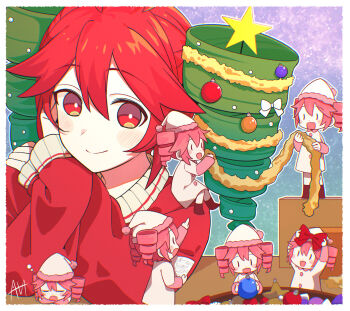 6+girls alternate_costume border christmas christmas_ornaments_in_hair clone commentary drill_hair green_hair hair_ornament highres kasane_teto long_sleeves looking_at_viewer mini_person minigirl multicolored_hair multiple_girls red_eyes red_hair red_sweater sato_(r017xts117) signature star_(symbol) star_hair_ornament sweater twin_drills two-tone_hair utau white_border