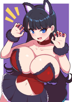 1girl animal_ears black_hair black_skirt blue_eyes blush breasts collar fur-trimmed_wrist_cuffs halloween highres large_breasts long_hair looking_at_viewer midriff mole mole_under_mouth navel open_mouth original purple_background red_collar red_nails red_shirt sakamata_(sakamata4) shirt simple_background skirt smile solo tail wolf_ears wolf_girl wolf_tail