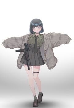1girl absurdres black_hair blue_eyes cardigan choker fang full_body gun highres loafers looking_at_viewer necktie oota_youjo open_cardigan open_clothes open_mouth original outstretched_arms shoes short_hair skirt sleeves_past_fingers sleeves_past_wrists smile solo spread_arms sr-2_veresk submachine_gun thigh_strap weapon