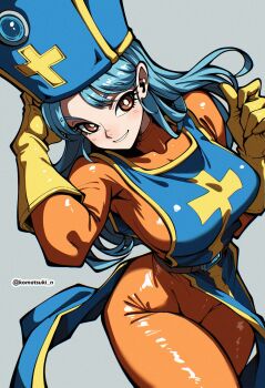 Rule 34 | 1girl, absurdres, blue hair, blue hat, blue tabard, bodysuit, breasts, bright pupils, brown eyes, cowboy shot, cross, dragon quest, dragon quest iii, film grain, floating clothes, gloves, grey background, grin, hat, highres, komatsuki n, large breasts, long hair, looking at viewer, mitre, orange bodysuit, priest (dq3), smile, solo, tabard, twitter username, white pupils, yellow gloves, yellow trim