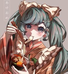 Rule 34 | 1girl, apron, blue eyes, blush, bowl, carrot, chopsticks, commentary, earrings, eating, frilled apron, frills, grey background, hair ornament, hairclip, hatsune miku, highres, holding, holding bowl, holding chopsticks, japanese clothes, jewelry, kimono, long hair, looking at viewer, mushroom, ramika (ramika0606), simple background, smile, solo, twintails, vocaloid, zouni soup