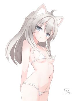 1girl absurdres animal_ears bikini braid breasts cat_ears cat_girl closed_mouth expressionless grey_eyes grey_hair groin half_up_braid highres long_hair looking_at_viewer navel nayanaiti shinano_(vrchat) side_braid simple_background small_breasts stomach swimsuit vrchat white_background white_bikini