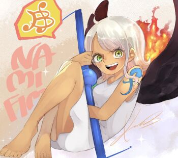 barefoot black_feathers black_wings clima-tact dark-skinned_female dark_skin dress feathers feet fire kamat_73 looking_at_viewer nami_(one_piece) one_piece open_mouth seraphim_(one_piece) short_dress short_hair shoulder_tattoo sleeveless sleeveless_dress smile staff star-shaped_pupils star_(symbol) symbol-shaped_pupils tattoo white_dress white_hair wings yellow_eyes