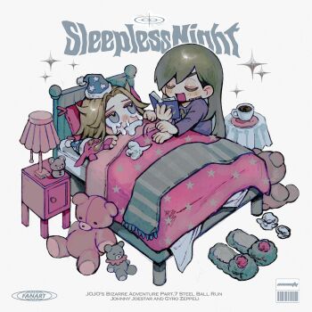 Rule 34 | bedtime story, brown hair, character name, coffee, copyright name, crying, english text, grey eyes, gyro zeppeli, hat, highres, johnny joestar, jojo no kimyou na bouken, lamp, long hair, neg 50asu, nightcap, open mouth, patting, purple shirt, sad, scarf, shirt, simple background, slippers, sparkle, steel ball run, tears, tusks, under covers, very long hair, white background