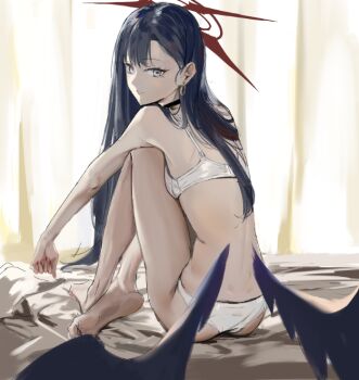 1girl aritsuno barefoot bedroom black_choker black_hair blue_archive bra choker earrings feathered_wings grey_eyes halo hoop_earrings ichika_(blue_archive) indoors jewelry long_hair looking_at_viewer looking_back low_wings on_bed panties red_halo sitting solo underwear underwear_only white_bra white_panties wings